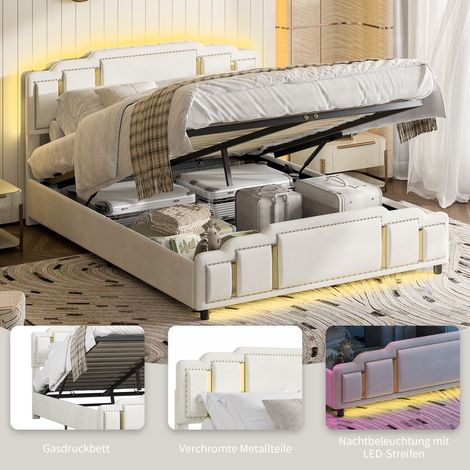 Lit hydraulique,140 x 200 cm,housse en velours beige,lit double,tête de lit et pied de lit avec passepoils dorés,design unique,