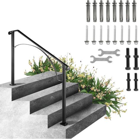 Garde-corps extérieur en fer forgé, adaptable à 3 ou 4 marches, flexible pour perron, idéal pour escaliers en béton ou bois, finition noire. (1/5)