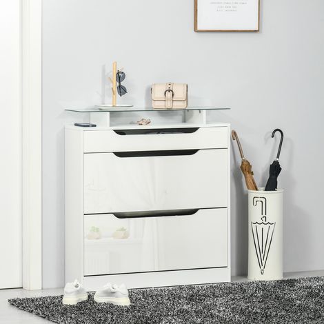 Étagère à chaussures slim moderne avec 2 portes battantes et tiroir, en bois et verre, 89x23x96 cm, blanc (1/5)