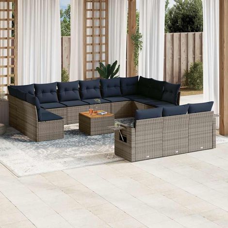 Salon de jardin modulable 14 pièces en résine tressée gris et coussins bleu marine - PANGIVO (1/5)