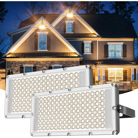 Lot de 2 projecteurs LED ultra fins 100 W Blanc chaud 3200 K Super lumineux 10 000 lm Avec 105 LED SMD 2835 Étanche IP66 Pour jardin, garage (1/5)
