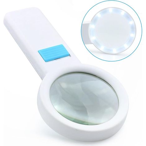 Loupe de Lecture 70 mm, 5 x Loupe Grossissante avec 10 lumières LED, Loupe Enfant et Âgées pour Lecture, insectes, Malvoyant, Observation et Travaux Manuels (Blanc) (1/4)