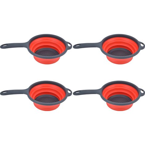 Lot de 4 passoires pliables rondes avec poignée et trou de suspension, pour pâtes, légumes et fruits (rouge). (1/5)