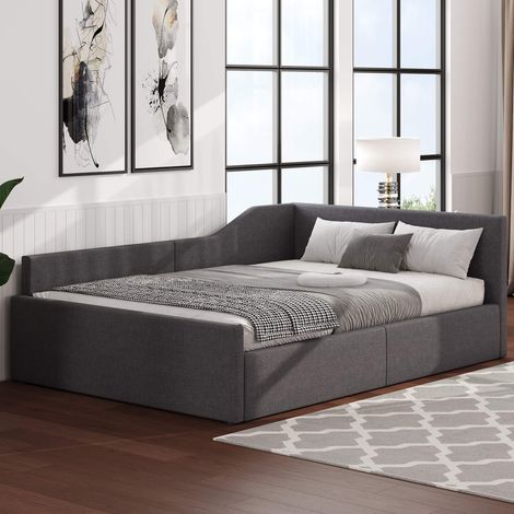 Lit banquette 140x200 cm, lit de jour rembourré, tissu gris, rangement sous le lit, dossier et accoudoir, sans matelas (1/5)