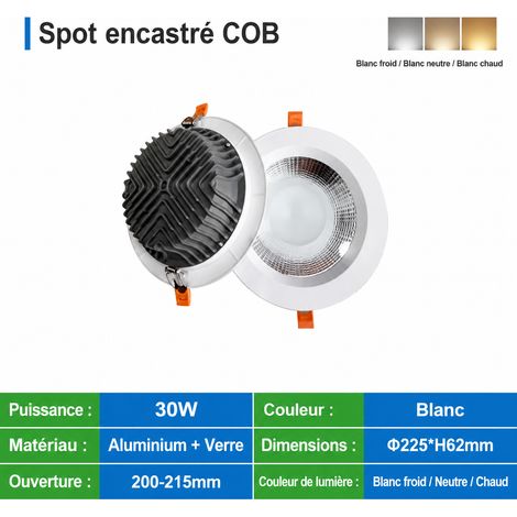 Spot encastrable LED COB 30W 4000K diamètre 225 mm aluminium 30w 200-215 225mm 4000k 300 g – Livraison gratuite