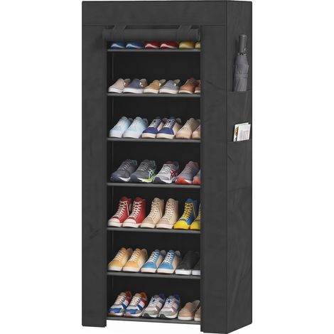 HOMCOM zapatero de 7 niveles, zapatero estrecho de acero con funda de tela no tejida, 2 bolsillos laterales, estantería para 14-21 pares, negro (1/5)