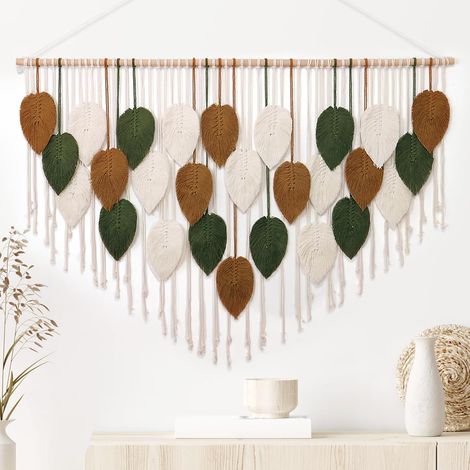 Macramé tapisserie bohème plume chic vert kaki, 130 x 85 cm. (1/5)