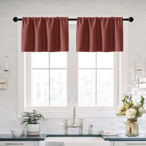 Lot de 2 rideaux de placard de couleur cuivre pour fenêtre de cuisine, cantonnières occultantes avec passe-tringle pour salon, salle de bain, accessoires de décoration, 40 cm de long, bois de cerisier (1/5)