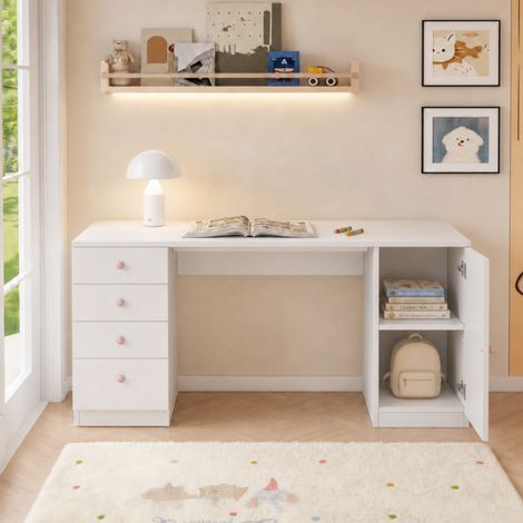 Bureau enfant 155 x 45 x 74 cm avec 4 tiroirs, étagère et rangements, poignées en céramique rose, blanc