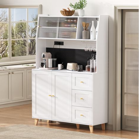 Buffet haut de cuisine 120x40x184 cm blanc en MDF avec prises, panneau perforé et porte-verres (1/5)