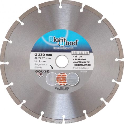Diamwood – Disque diamant 230 mm – Alésage 22,23 mm – Coupe béton, parpaings – Segments frittés pour coupe nette – Utilisation à sec ou à eau