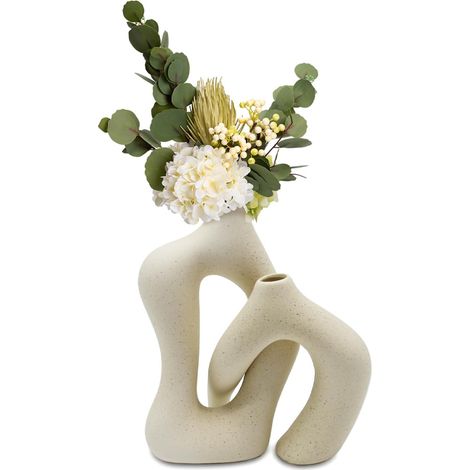 Beige Keramikvase, böhmische Blumenvase mit Pampasgras, frischen und getrockneten Blumen, Dekorationsobjekt für Esstische, Wohnzimmer und Schlafzimmer (1/5)