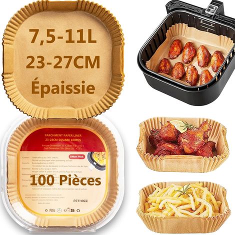 Papier Cuisson Air Fryer 8-10L XXL, 100 Pièces Sans BPA Épaissi 23-27cm Papier Carré Sulfurisé pour Air Fryer, Antiadhésive Accessoires Moule Papier Friteuse - Épaisseur 100μm (1/5)