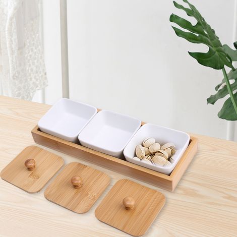 Plat de service en céramique pour apéritifs avec couvercle en bambou pour fruits, noix et desserts (3 compartiments)