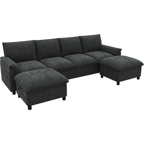 Canapé d'angle modulable en chenille noire avec 2 poufs mobiles, dossier haut, dimensions 264,5 x 142,5 x 84 cm (1/5)