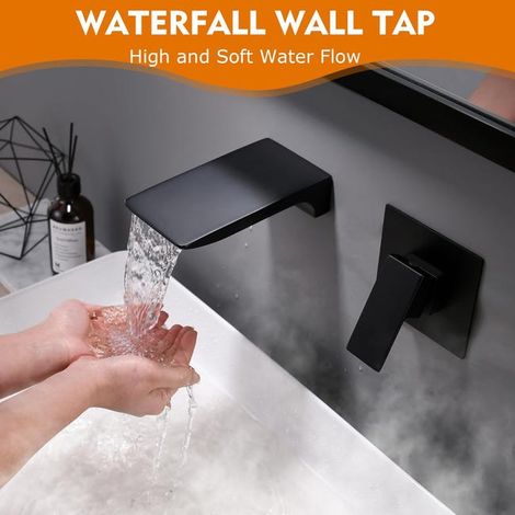 Miscelatore per lavabo da parete per bagno nero, rubinetto a cascata da parete in ottone (1/3)