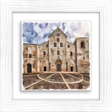 Lupia - Quadro moderno con paesaggi e localismi italiani, Ceramica e Stampa Rilievo, Cornice Legno Shabby Modern bianca, Decorazione Parete, Quadretti Soggiorno, 29x29 cm PUGLIA BARI BASILICA S.NICOLA (1/4)