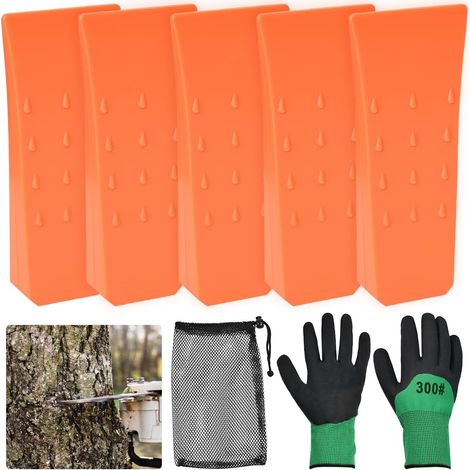 5 Pcs Coin d'Abattage d'arbre en ABS, Cales pour Tronçonneuses à Tronçon Antidérapante, Coins Éclateurs pour Jardinage 6 Pouces, Cales Forestières en Plastique avec Gants et Sac de Rangement (1/5)