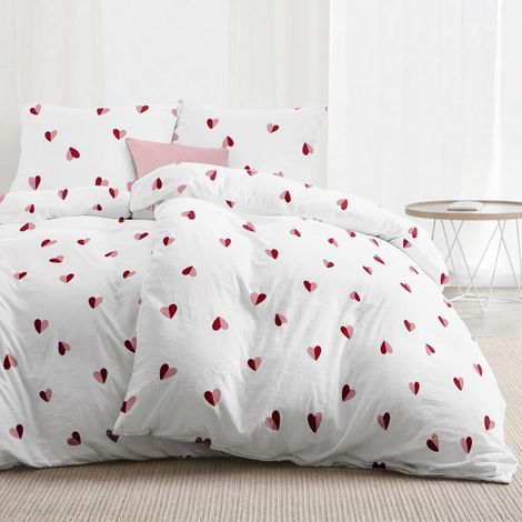 2 Housses de Couette 135x200 cm avec 2 Taies d'oreiller 80x80 cm, Motif Cœur Rouge/Rose, Parure de Lit 135x200 avec Fermeture Éclair, Linge de Lit, Oeko TEX (1/5)