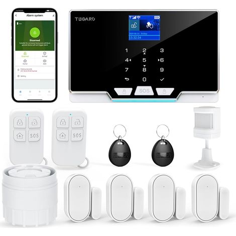 Alarme de sécurité sans Fil WiFi/GSM‑4G, alertes Via app Smartphone, écran TFT Couleur 1,8 Pouces (4,6 cm), kit de 12 pièces, télécommandes (1/5)
