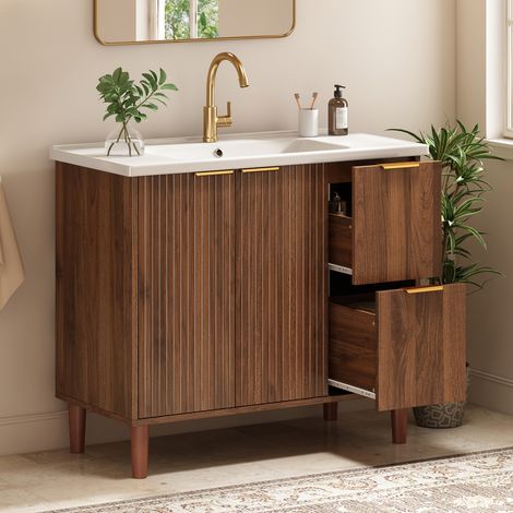 Modernluxe - Meuble sous-vasque sur pied 91 cm - Vasque en céramique - Façades rainurées - 2 portes et 2 tiroirs - Marron (1/5)
