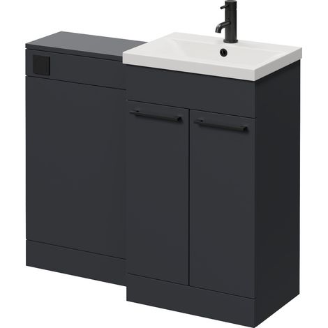 Napoli 390 Gloss Grey 1000mm 2 Door Vanity Unit Toilet Suite with Glide Basin - 1000mm - Matt Black 160mm HandleWithout Kingston Toilet Pan