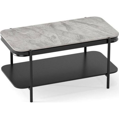Pour un salon ordonné, table basse rectangulaire grise avec étagère ouverte et plateau effet marbre (1/5)