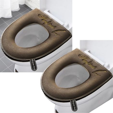 Lot de 2 Housses de Siège de Toilette - Coussin Épais Lavable avec Poignée - Fibre Acrylique Douce pour Siège Oval - Marron - Taille Universelle (1/5)