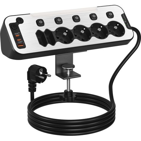 Multiprise de Bureau 6 Prises,Bloc Prise de Table avec USB C,Multiprise Parafoudre et Surtension avec Support de Bureau Fixable en Aluminium,Charge Rapide PD 20W Prise Multiple d’Angle,2M Câble,Noir (1/5)