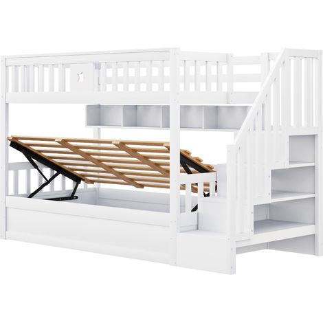 90 x 200 cm Hochbett in Weiß mit hydraulischem Stauraum, Regalen und Treppe (1/5)
