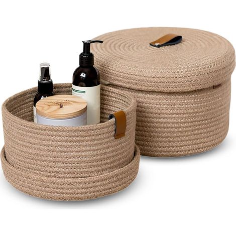 2er-Pack Aufbewahrungskörbe mit Deckel, geflochtener Baumwollkorb mit Griff, waschbarer Dekokorb, multifunktionaler Organizer für Regale, Wohnzimmer und Badezimmer (Braun) (1/5)