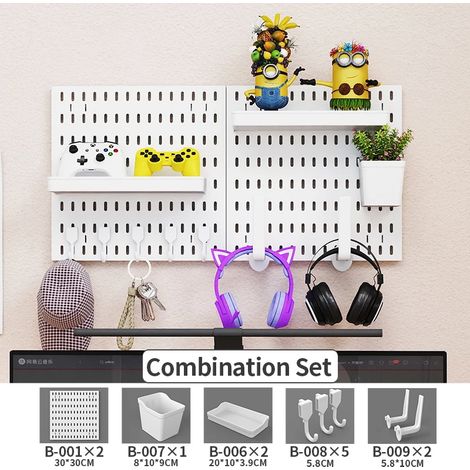 (Lot de 7 panneaux perforés blancs) Étagère murale sans perçage pour salle de jeux, idéale pour ranger manettes, casques, figurines et claviers. Crochets inclus. (1/5)