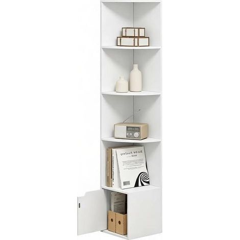 Étagère d’angle blanche avec 5 étagères ouvertes et 1 placard, meuble de rangement gain de place pour salon, bureau ou chambre, 29,5 x 157,5 x 29,5 cm  CHICFURN (1/5)