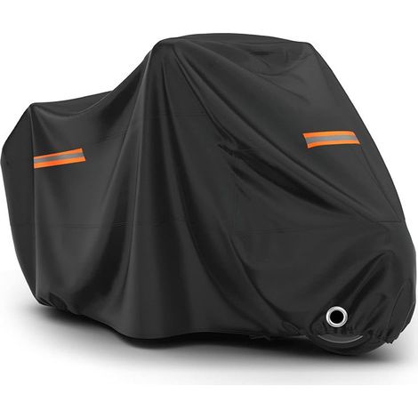 Housse de protection moto en tissu Oxford 210D – 220×95×110 cm – bandes réfléchissantes orange – imperméable coupe-vent – trou antivol (1/5)