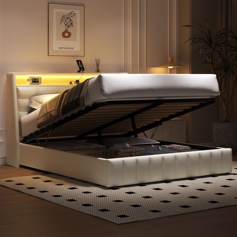Gepolstertes Doppelbett 160x200 cm, Bettkasten mit LED-Beleuchtung, USB-Anschlüssen, Stauraum und verstellbarem Kopfteilkissen – Weiß