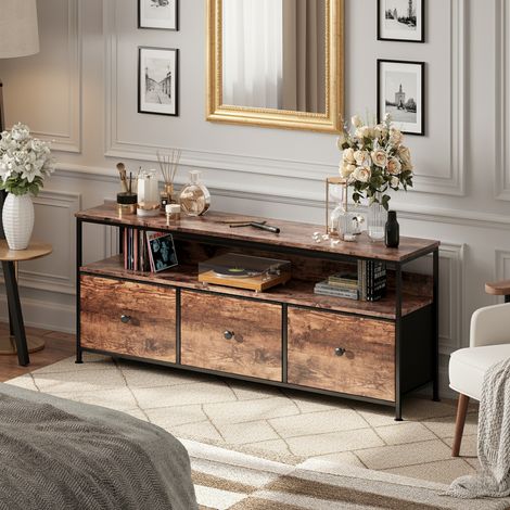 Meuble TV rétro - Brun - 3 tiroirs, 137x29x57 cm, panneau à motif peau tigre, éclairage d'ambiance LED, pieds réglables hauteur, structure en métal (1/4)