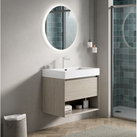Mobile bagno sospeso 70 cm con lavabo in resina bianca e mobile rovere chiaro (1/5)