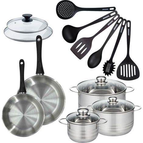 Set de 2 poêles 20 24 cm en inox, couvercles verres, 3 faitouts inox 16, 20 et 24 cm et 6 ustensiles Fénix Fackelmann Geneva (1/5)