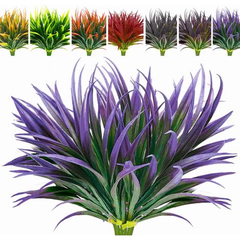 Set mit 8 UV-beständigen künstlichen Gartenpflanzen – Hohe Gräser, Tropenblumen und künstliche Sträucher für Frühlings-, Sommer- und Herbstpflanzgefäße – Hellviolett