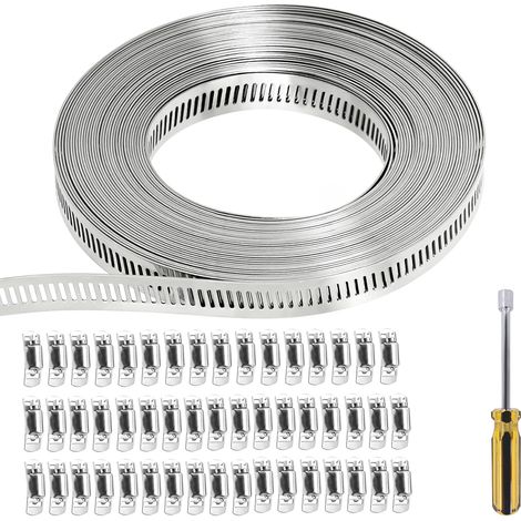 20M Collier de serrage inox métallique Réglables de Tuyau Clips Collier à Vis sans Fin en Acier inox 304, Avec 50 fermetures (1/5)