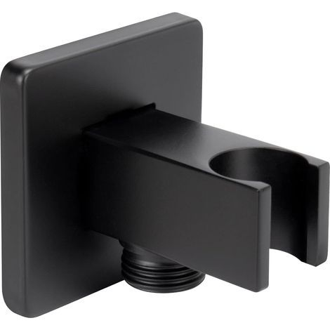 Coude d'alimentation mural avec support de douche à main - Support de douche carré en laiton massif avec raccord de tuyau de douche à bride G1/2, sortie d'eau mâle à montage mural (noir mat) (1/5)