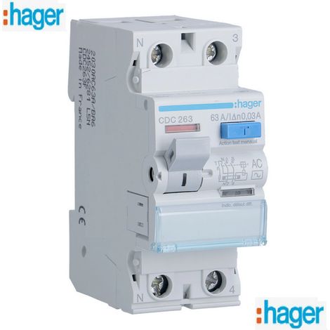 Interrupteur différentiel - 2 x 63A - 30 ma - Type AC 6 KA Hager CDC263