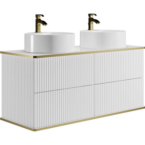 Mobile per bagno sospeso scanalature profilo dorato e doppio lavabo da appoggio tondo Bianco 120 cm - KELIZA