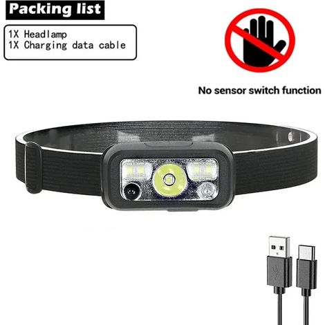 (sans capteur B) Mini lampe frontale rechargeable puissante avec capteur pour la pêche et le camping, lampe torche USB LED COB, lanterne frontale (1/5)