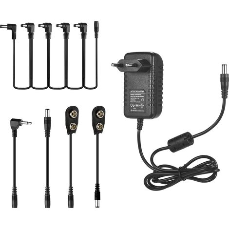 Adaptateur secteur Caline CP-07A pour effets de guitare, 9 V CC, 1 A, avec câble en guirlande à 5 voies, câbles à polarité inversée et câbles à clip pour batterie.