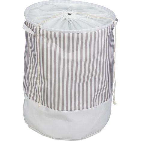 Relaxdays Cesto Ropa Sucia con Cordón, 60 L, Plegable, Portátil, Tela, Organizador Lavandería, 56 x 42,5 cm, Blanco/Gris