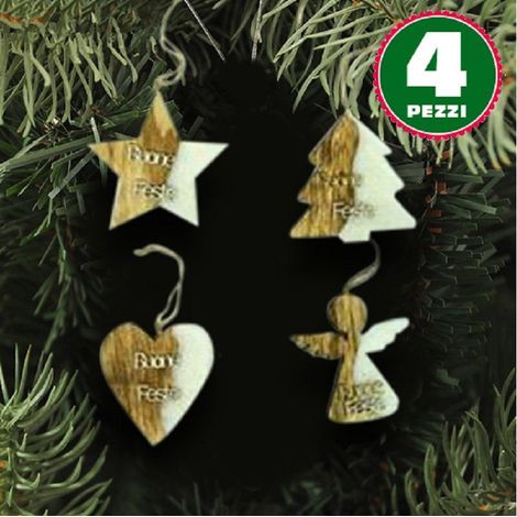 TrAdE Shop Traesio - 4 Appendini Natale Legno Ovatta Forma Stella Albero Angelo Cuore Con Scritta Buone Feste - (1/3)