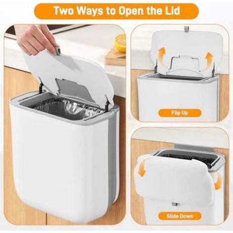 Poubelle Suspendue - 10 L - Couvercle Anti-Odeurs - Double Ouverture - Design Pliable - Accroche Murale - Blanc (1/5)