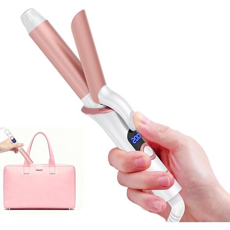 Mini fer à friser pour cheveux courts, fer de voyage 25 mm pour petites boucles, écran LCD, 120-200 °C, avec gant et pochette de rangement, double tension (Rose blanche)