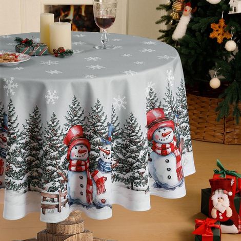 Nappe lavable Noël Ronde 160 cm avec motif bonhomme de neige